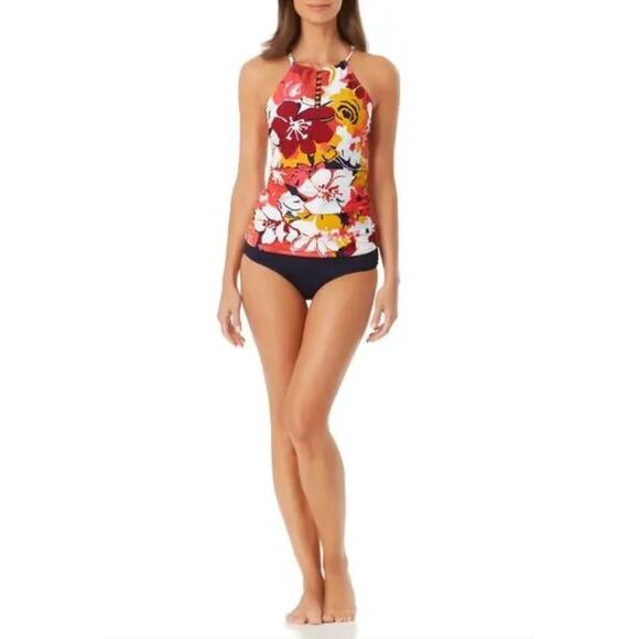 2/$15 Anne Cole Wallflower High-Neck Beaded Tankini Swim Top Red Size XS - Picture 3 of 10